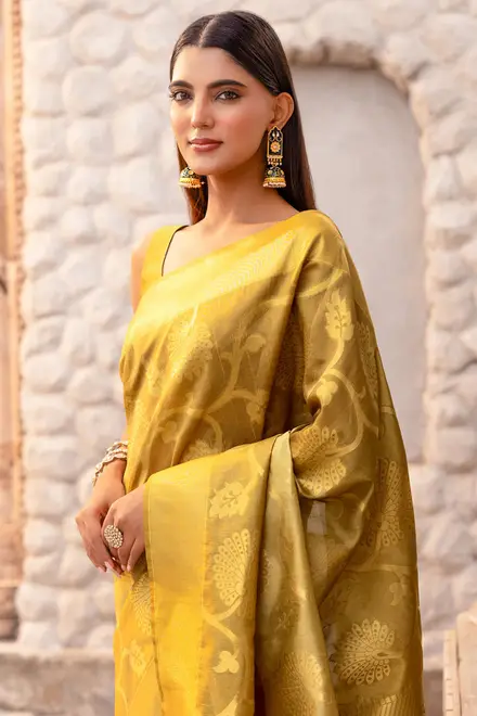 Gold Tussar Silk Saree With Zari Woven Floral And Foliage Designs